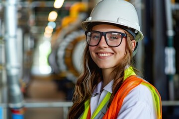 Portrait of a female engineer smiling and wearing safety glasses and a hard hat in an industrial plant