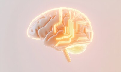 Illuminated human brain model with circuit lines.