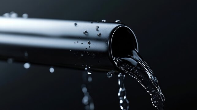 Water flows from a metallic pipe with droplets creating a dynamic visual effect in a dark setting. Generative AI