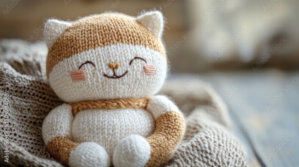 Poster cute handmade knitted cat toy sitting on a textured fabric in a cozy indoor setting with soft lighti