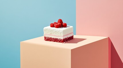 Layered dessert with raspberries on a pastel background showcasing vibrant colors and textures