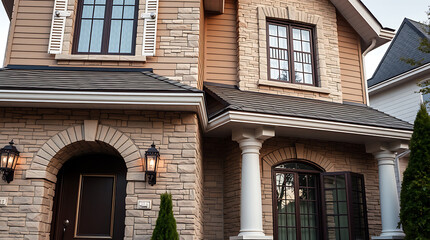 Fototapeta premium Luxury House Exterior: Modern Stone Facade, Elegant Design, and Grand Entrance. Real Estate Photography