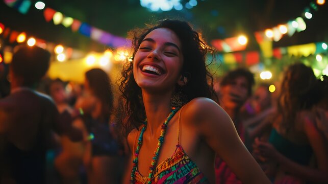 Happy Woman Smiles Brightly At A Festive Night Event