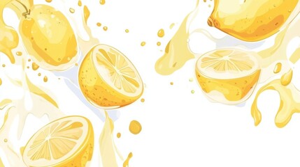 Vibrant illustration of lemons splashing in bright yellow juice against a white background