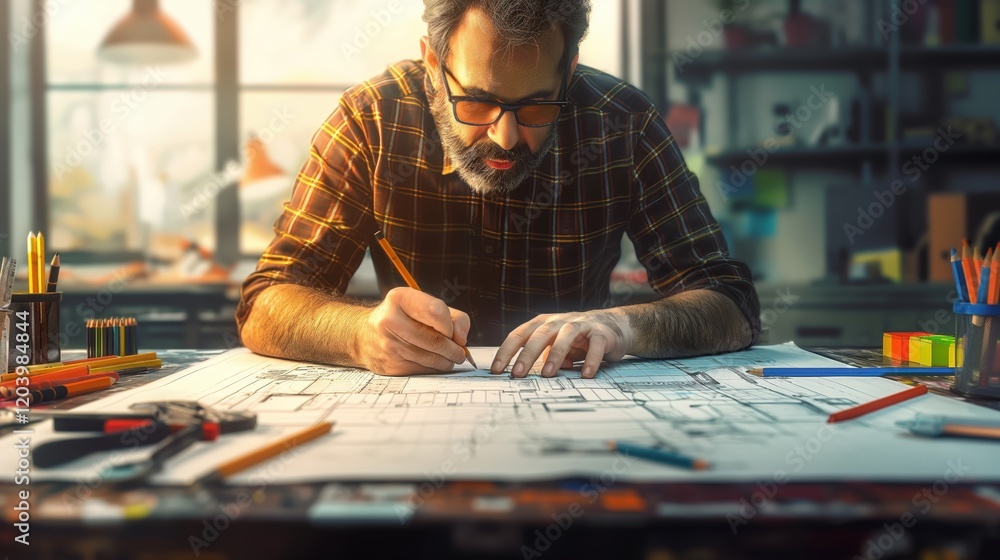 Poster creative architect sketching designs on paper with colorful tools