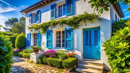 Fototapeta premium Serene Coastal Home: White House with Blue Shutters - Stock Photo
