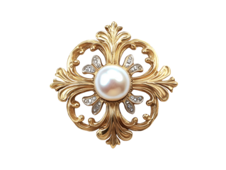 Gold vintage brooch with pearl isolated on transparent or white background, png