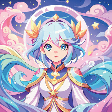 Anime style Magical Princess with Celestial Background and Flowing Blue Hair in a Dreamy Pastel Color Palette