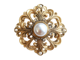 Gold brooch with pearls and intricate design isolated on transparent or white background, png