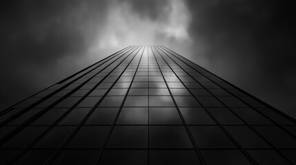 Fototapeta premium Tall mirrored skyscraper reaching towards stormy skies in an urban setting