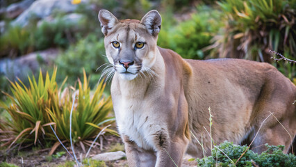 Obraz premium A cougar, alert and watchful, surveys its surroundings in a natural habitat.Close-up view of a cougar's striking features, showcasing its powerful build and piercing gaze. 