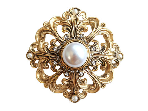 Gold brooch with pearls and intricate design isolated on transparent or white background, png