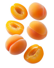 Apricot halves in flight isolated on transparent background