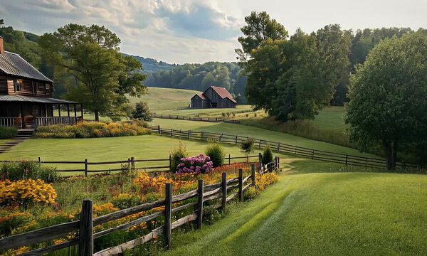 Serene countryside landscape with a rustic farmhouse, vibrant flowers, and distant barns under a cloudy sky