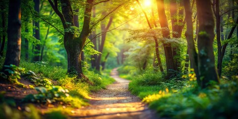 Fototapeta premium Serene Forest Path: Lush Greenery & Nature Exploration - Tilt-Shift Photography