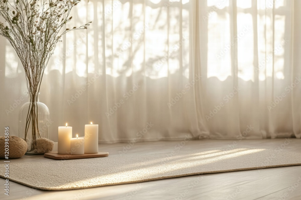 Poster Soft natural light filters through sheer curtains illuminating candles and dried flowers in a serene indoor setting. Generative AI