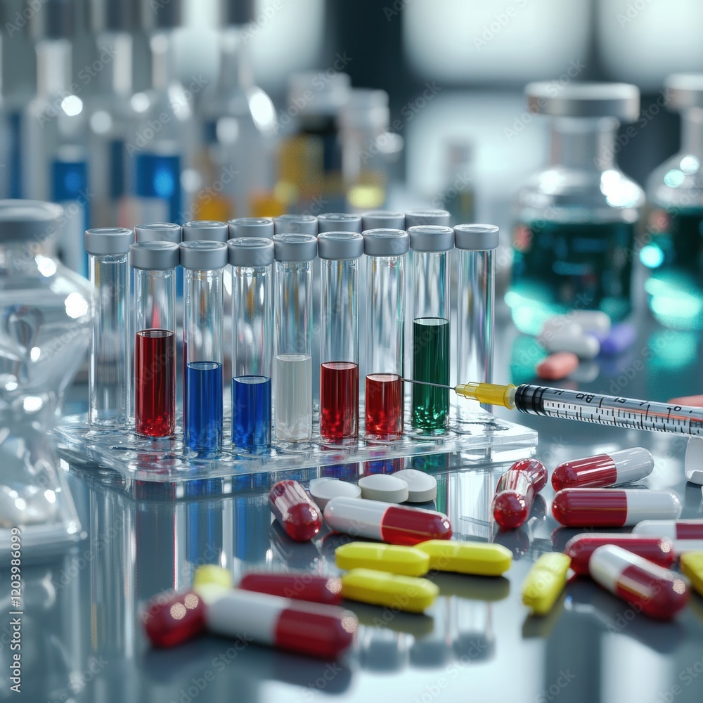 Poster laboratory setup showcasing colorful test tubes filled with liquids and scattered capsules on a work