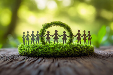 A group of people are holding hands in a circle. The people are made of paper and the circle is made of moss. Concept of unity and togetherness