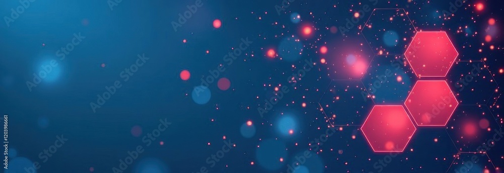 Poster abstract technology background with glowing hexagons and particles