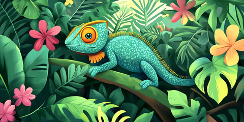 Obraz premium Vibrant illustration of a turquoise chameleon perched on a branch amidst lush tropical foliage and colorful flowers.