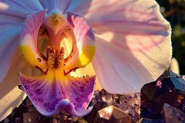  Orchid Flower with Water Droplets on Petals and Purple Gemstone