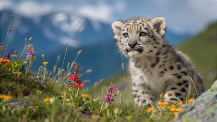 A snow leopard cub, surrounded by wildflowers, in a mountain meadow.The snow leopard cub, nestled amongst wildflowers.A young snow leopard in a picturesque alpine meadow.