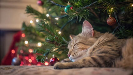 Obraz premium A tabby cat rests peacefully beneath a twinkling Christmas tree, bathed in warm holiday light.Festive cheer fills the room as a cat naps serenely near the decorated Christmas tree. 