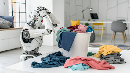 A robot faces a mountain of laundry, its head in its hands.  The task ahead seems daunting.Modern home chores- a white robot struggles with a overflowing laundry basket.