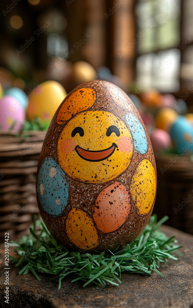 Poster a smiling egg with a smiley face drawn on it. the egg is surrounded by grass and is placed on a wood