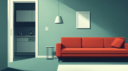 Modern living room with red sofa, minimalistic design, and kitchen visible in the background