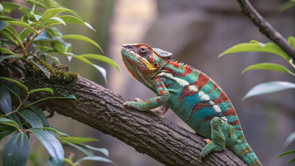 A vibrant chameleon, showcasing its remarkable color patterns, rests on a weathered branch.Close-up of a chameleon's intricate skin, blending seamlessly with the surrounding foliage.

