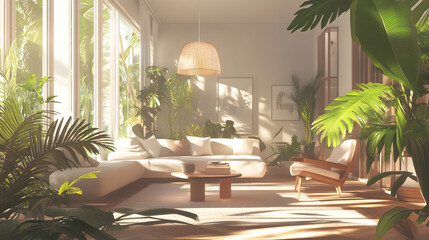 Sunlit living area with a blend of natural tones and green plants.