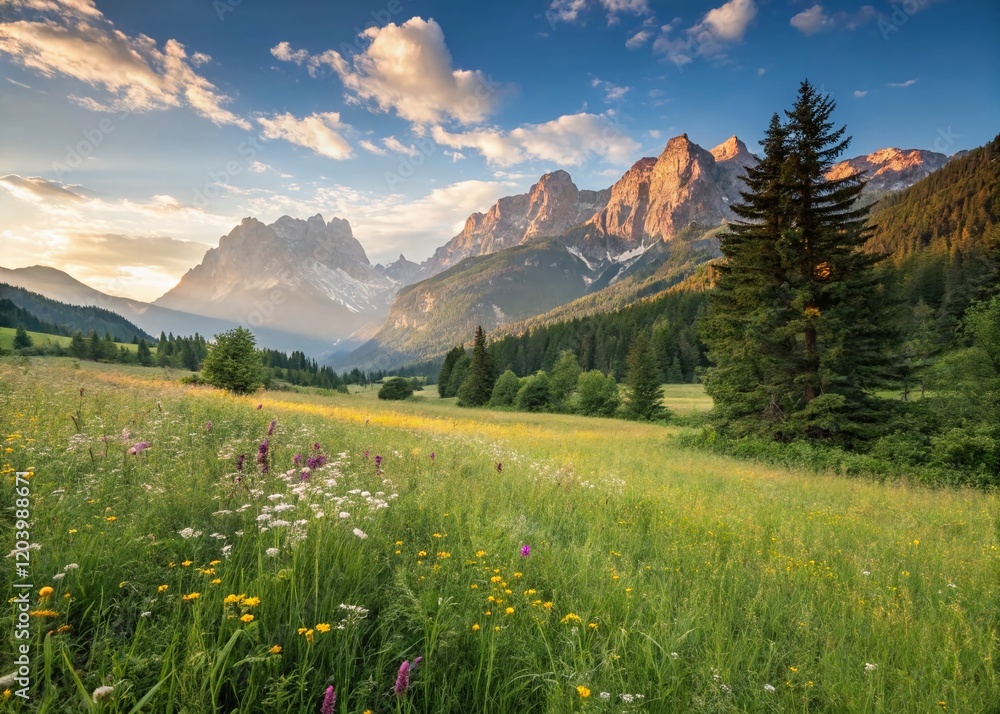 Poster Serene Mountain Meadow Landscape at Golden Hour: Breathtaking Nature Photography