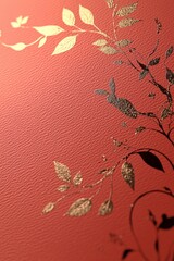 Naklejka premium Minimalist Chinese New Year Design Featuring Elegant Golden Leaves and Floral Elements Against a Vibrant Coral Background for Celebratory Occasions