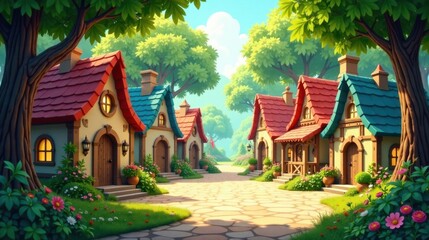 Naklejka premium Charming Village Street Scene with Colorful Houses and Lush Greenery