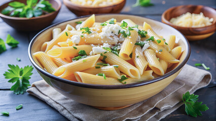 Creamy penne pasta, topped with crumbled feta and fresh herbs.A bowl of penne pasta, glistening with a light sauce, garnished with parsley.