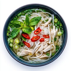A bowl of pho ga with shredded chicken, isolated on white