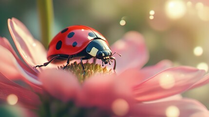 Obraz premium An extreme close-up of a ladybug on a flower petal, showing its bright red shell with black spots in high detail, set against a blurred floral background.