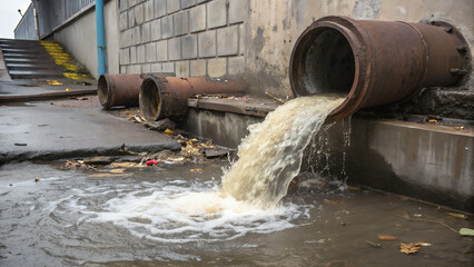 Overflowing drainage pipes discharge wastewater onto the street.A torrent of contaminated water gushes from a rusted pipe.Urban runoff spills from aging infrastructure.
