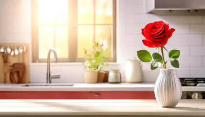 Einzelne rote Rose in der Küche 