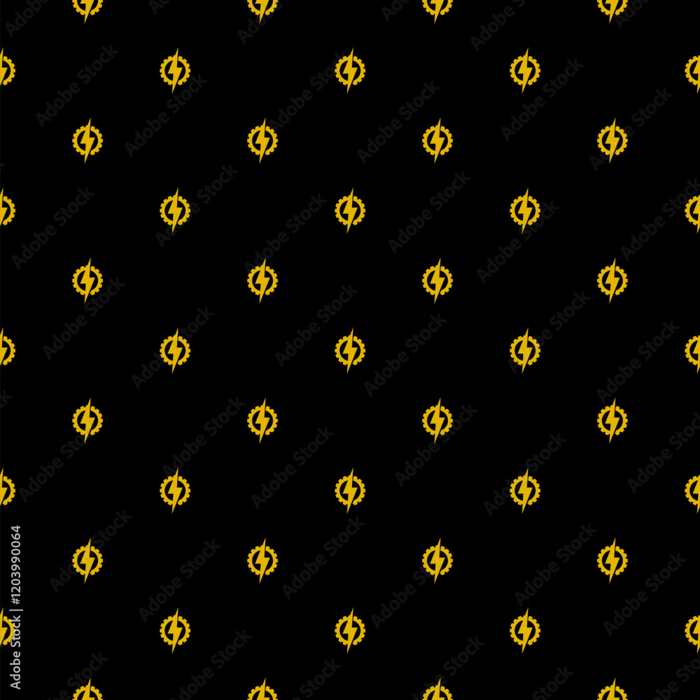 Poster gear and lightning icon isolated seamless pattern on black background
