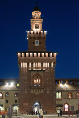 Obraz premium Night view of Castello Sforzesco (Sforza's Castle) a medieval fortification located in Milan, northern Italy. Details. It was built in the 15th century by Francesco Sforza, Duke of Milan 