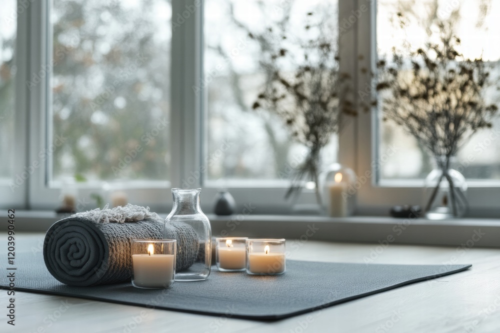 Aufkleber Relaxing spa setting with candles and soft textiles for a calming atmosphere in a bright room. Generative AI