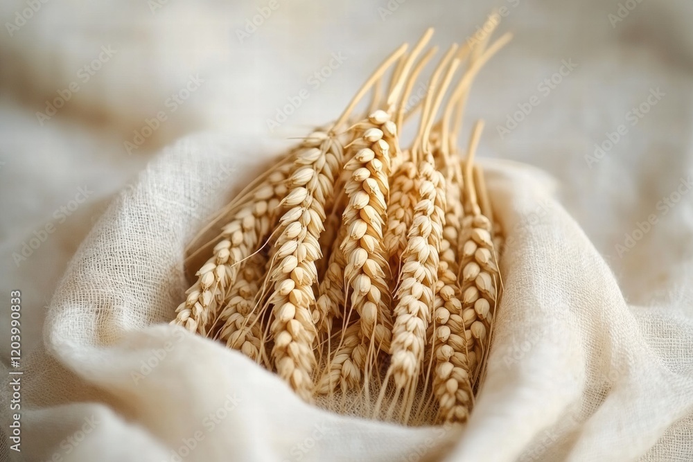 Poster freshly harvested wheat laid on a soft fabric background in natural lighting and warm tones. generat