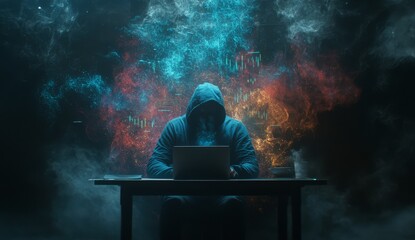 Hooded figure hacking laptop, smoky background with data streams.