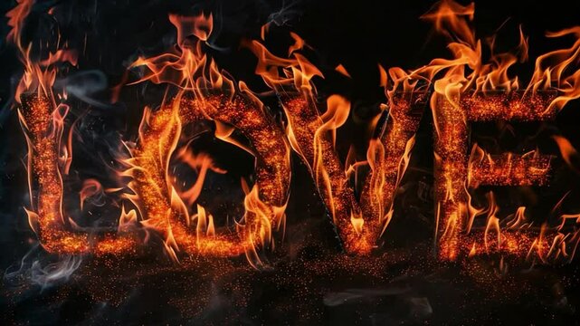 Flaming word "Love" ablaze with vibrant orange flames on a dramatic dark background, Valentines day