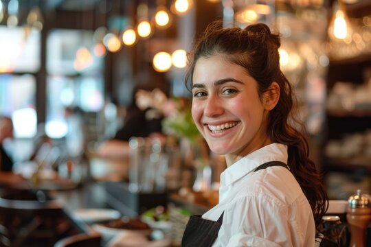 Young smiling waitress wearing apron working in restaurant bar and looking over shoulder