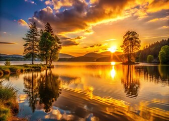 Obraz premium Serene Sunset Over Tranquil Lake: Golden Hour Landscape Photography