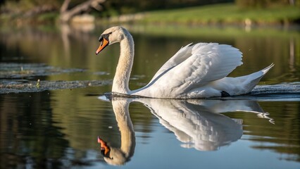 Fototapeta premium Serene Swan Reflection in Calm Water - Peaceful Nature Photography