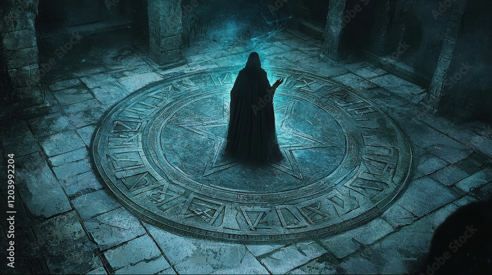 Poster mysterious figure in cloak surrounded by arcane symbols in dimly lit ancient setting